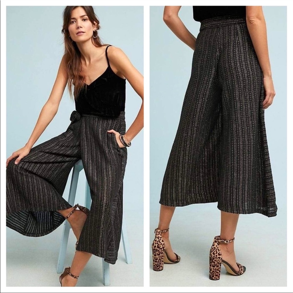 Eva Franco Anthropologie | Blake Metallic Striped Knit Linen Wrap Pants